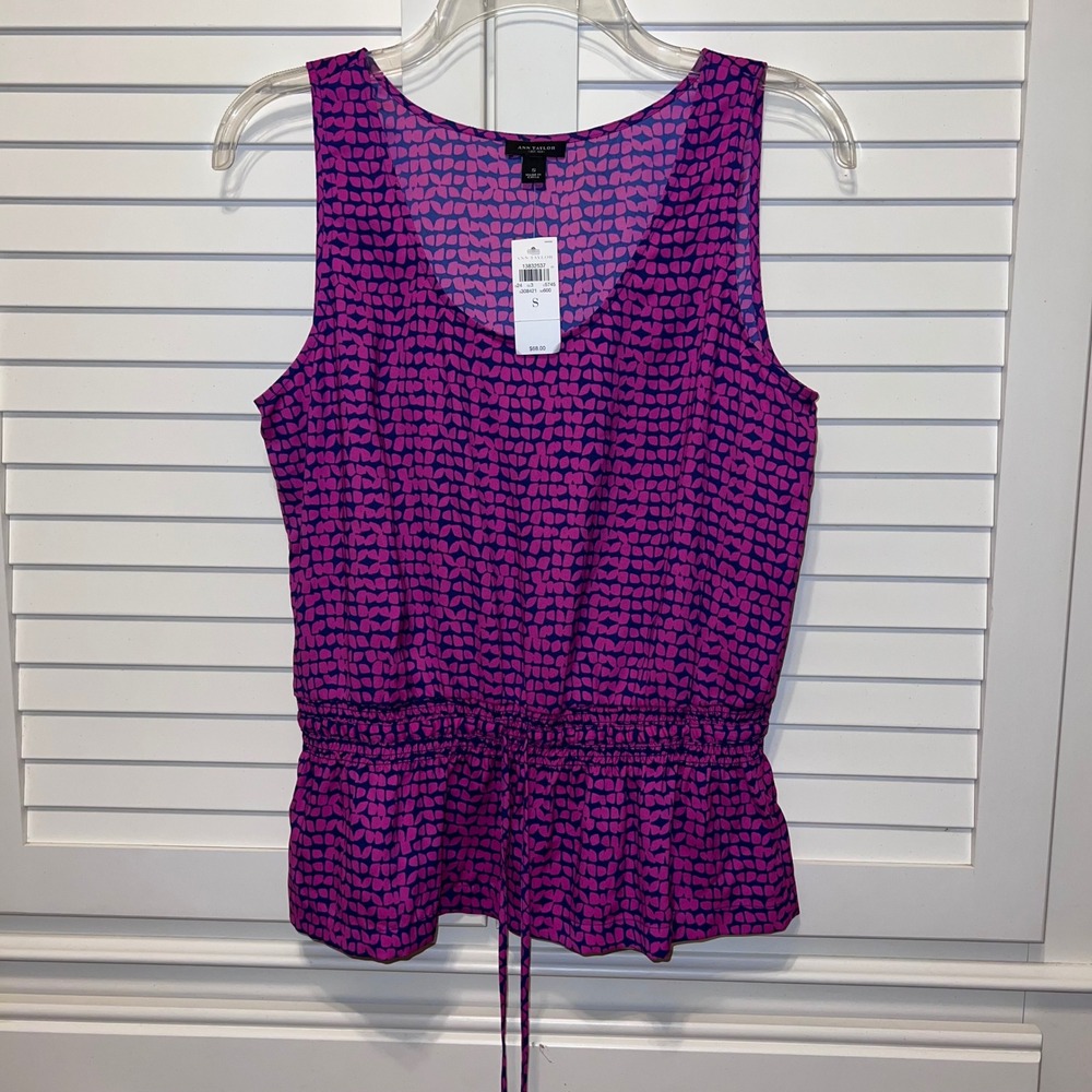 Ann Taylor Purple Navy Geometric Smocked Peplum Shell Tank Top NWT‎ Size S